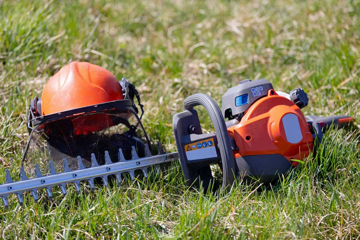 Protective helmet and a Stihl garden trimmer