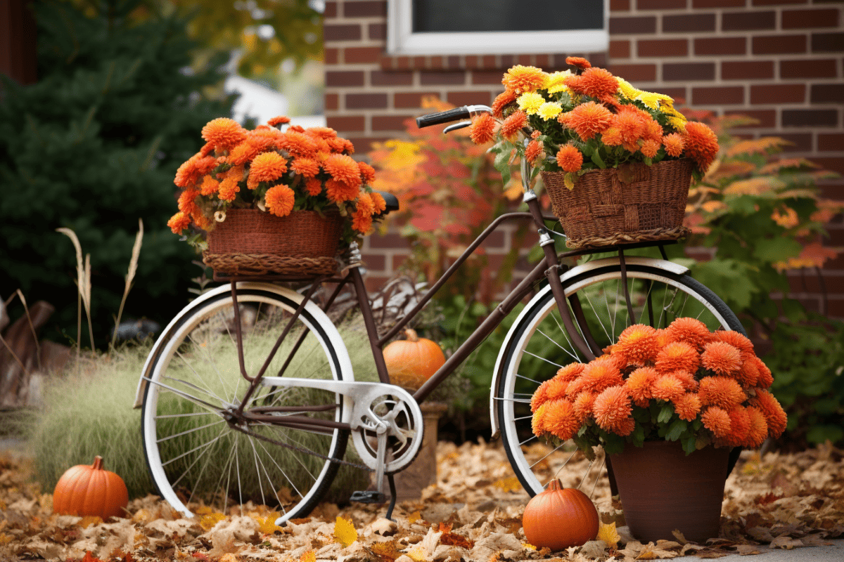 A vintage bicycle adorned with vibrant orange and yellow chrysanthemums in wicker baskets and pots with two pumpkins sitting nearby