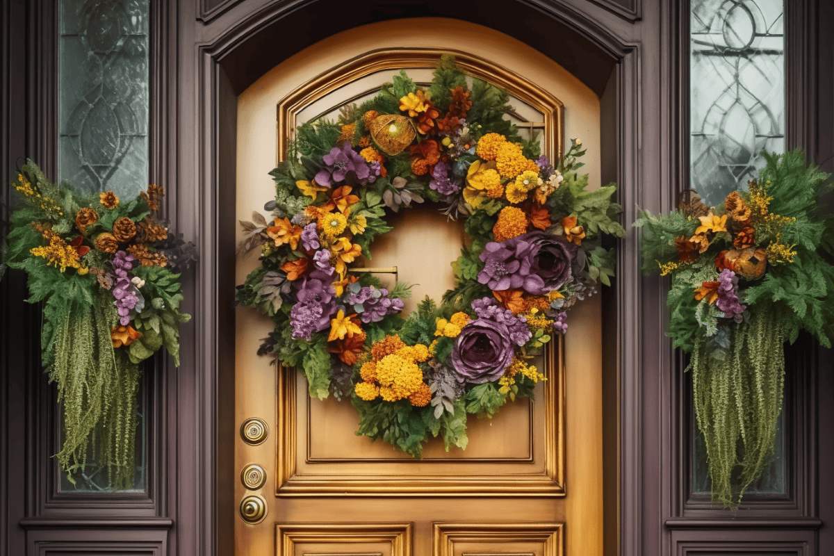 Autumn purple heather wreath decorating front door