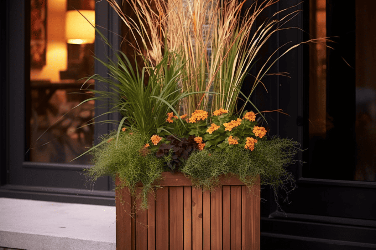 Farmhouse-style wooden planter placed in the porch