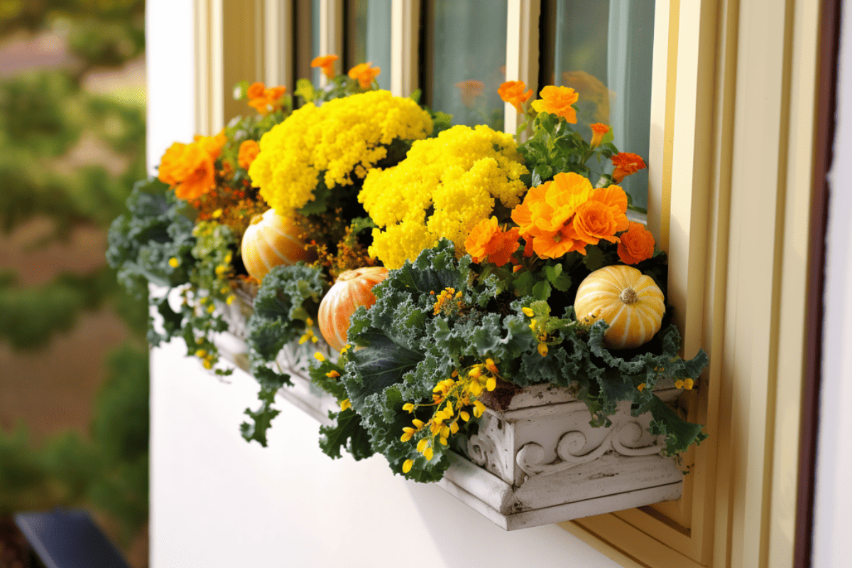 Wall exterior siding house architecture sidewalk and multicolored yellow flowers and mini pumpkins in planter as decorations
