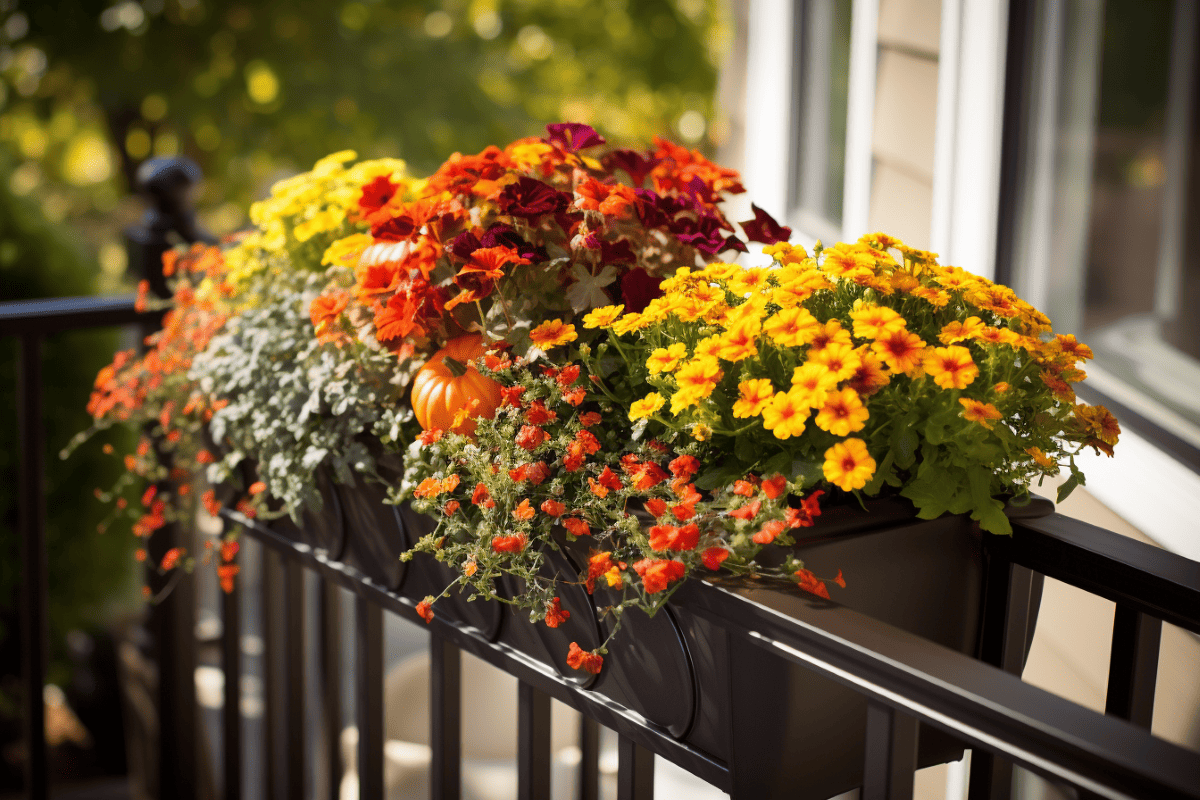 Vibrant fall-themed rail planter filled with a mix of colorful flowers, including deep red, orange, and yellow chrysanthemums, cascading red flowers, silvery-gray foliage of Dusty Miller, and a small decorative pumpkin
