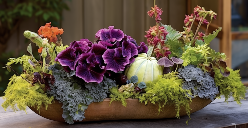 A gorgeous centerpiece planter filled with vibrant plants
