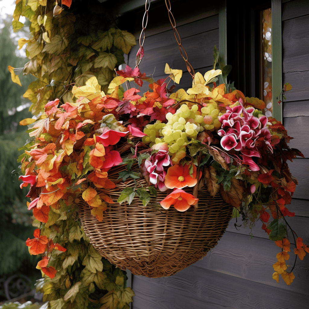 Fall-hued plants in a hanging basket