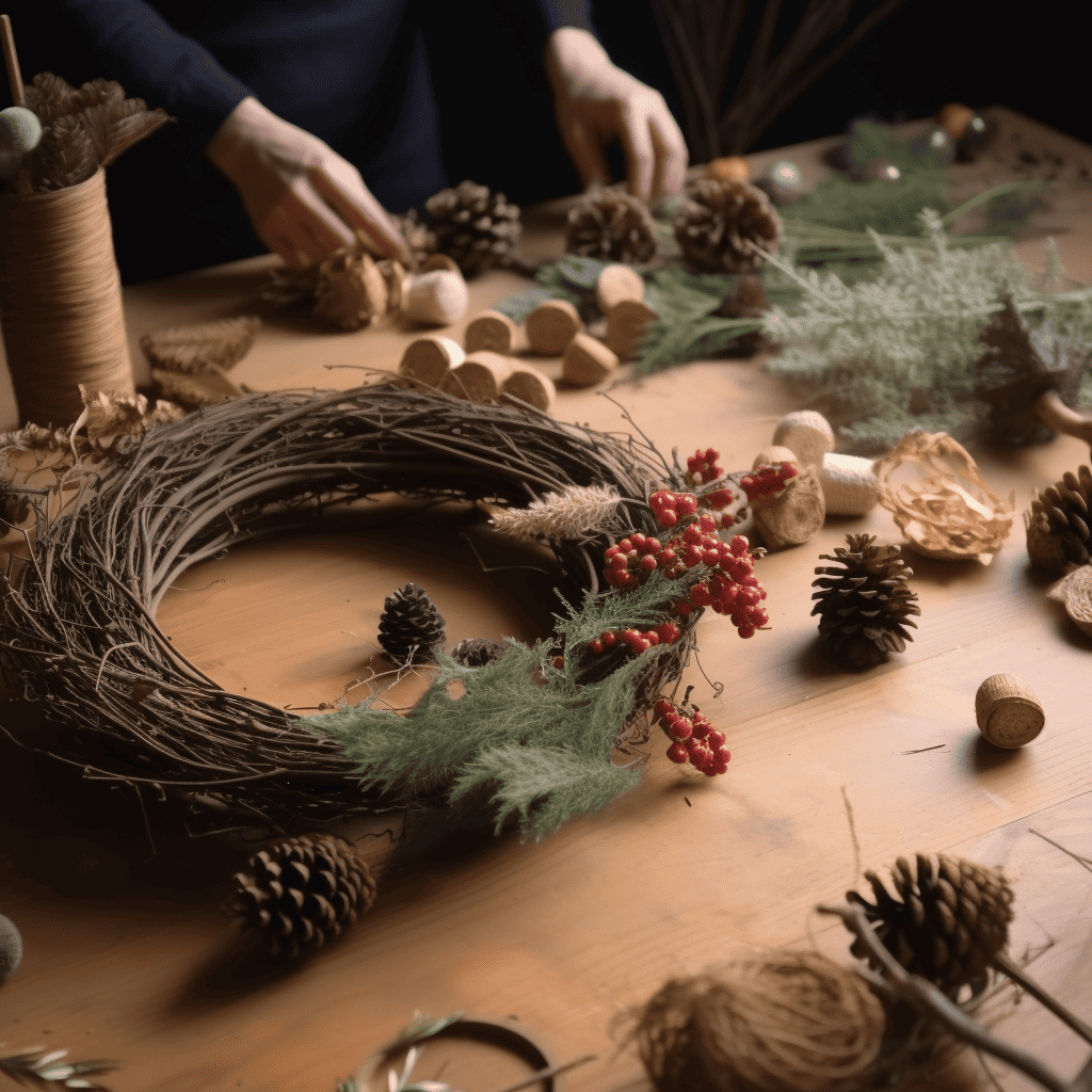 Making wreath using twigs, leaves, and cherries in the garden