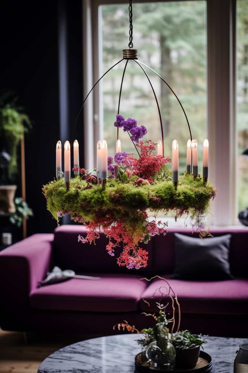 a candle hanging on a moss chandelier inside living room with some flowers on it