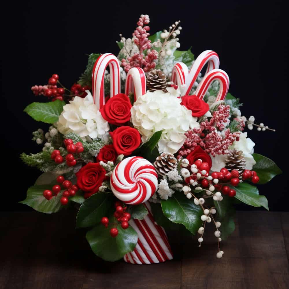 Arrangement of flowers from red to white mixed with candy canes and berries