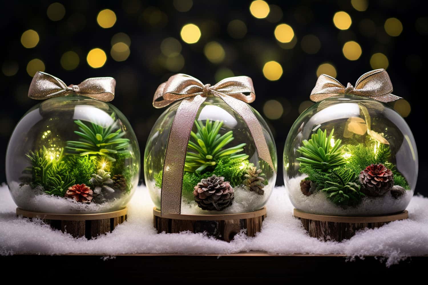 three glass terrarium ornaments on a faux snowy surface, each containing succulents, pine cones, and glittery baubles