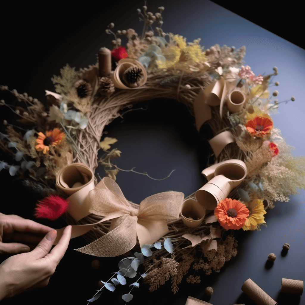 A beautiful wreath made out of twigs, wood shavings, flowers, and withered flowers