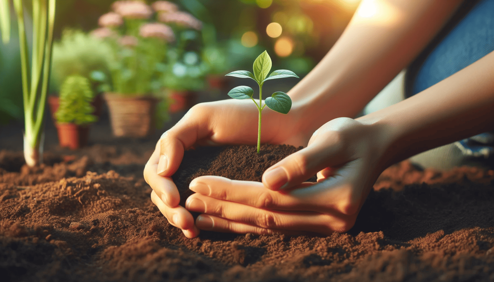 Hands nurturing a young plant in soil