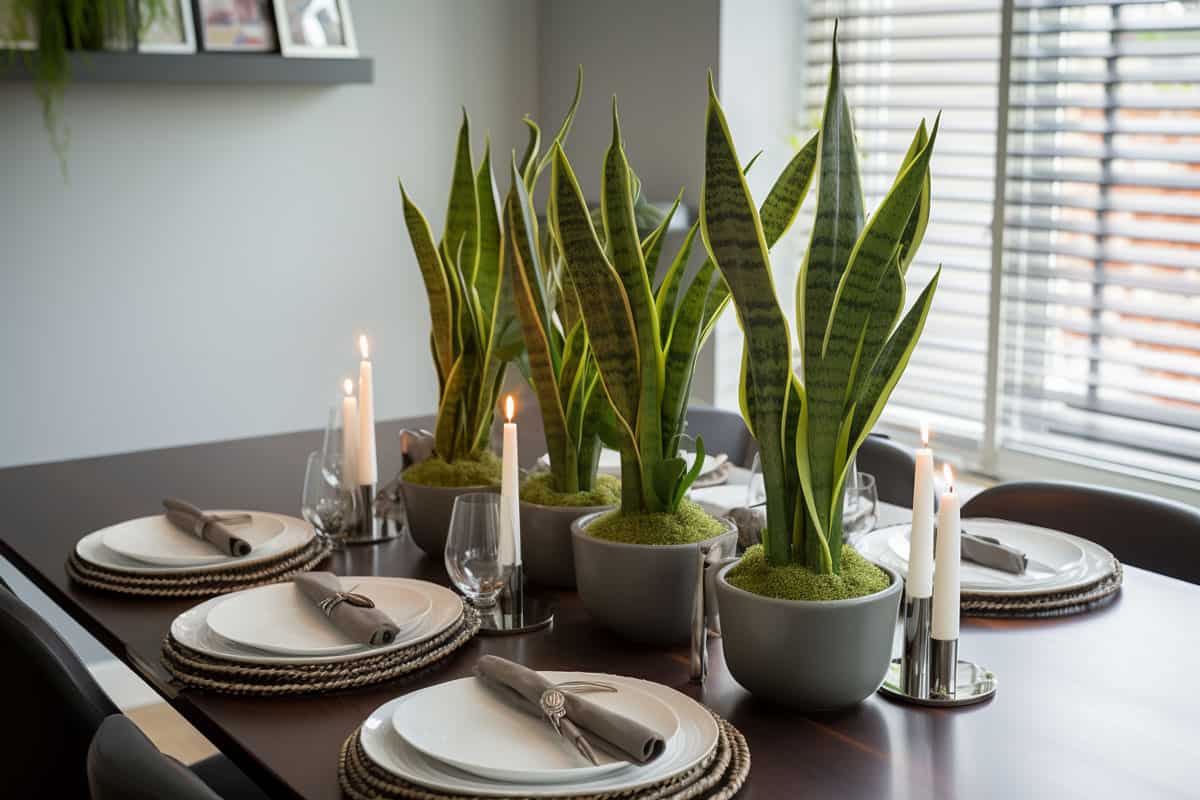 A gorgeous dining area with four snake plants as a centerpiece