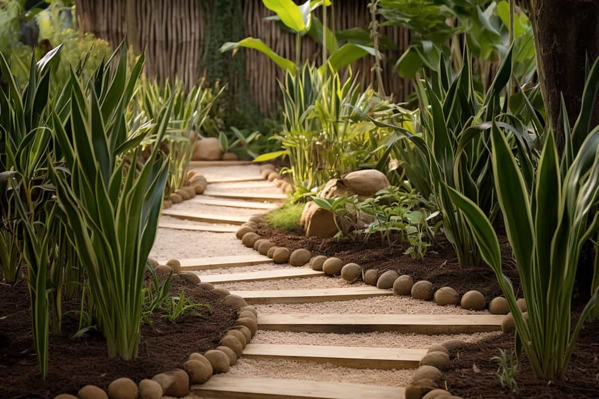 A gorgeous garden with a pathwalk decorated with snake plants on the side