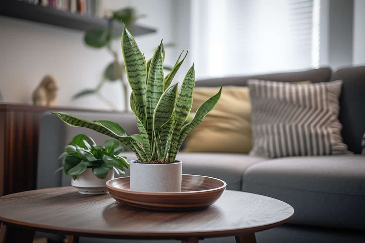 A coffee table with a snake plant placed on top