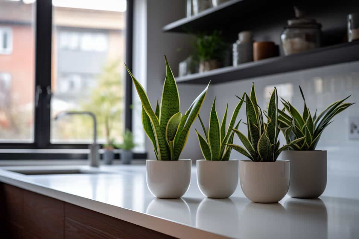 Four gorgeous snake plants placed on top of kitchen counters