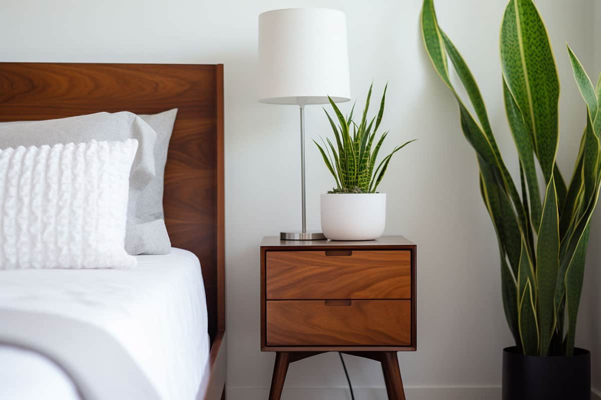 A wooden nightstand placed on top is a snake plant
