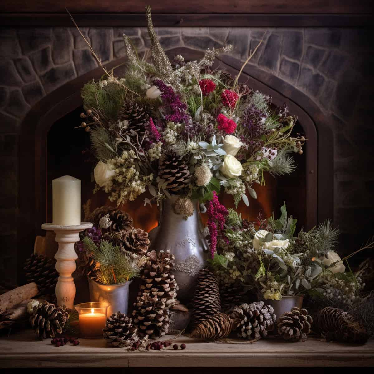 rustic winter retreat, arrangement with an assortment of wildflowers, and pine cones, whose varied textures for Christmas with festive Christmas backgrounds and mantels.