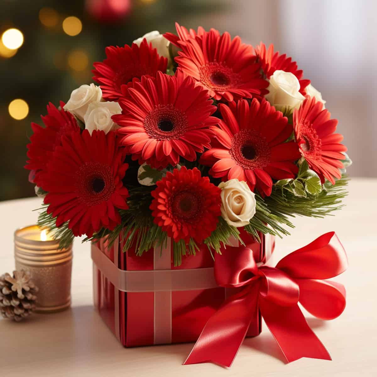vibrant ensemble of gerbera daisies and roses for Christmas, add gifts on the sides