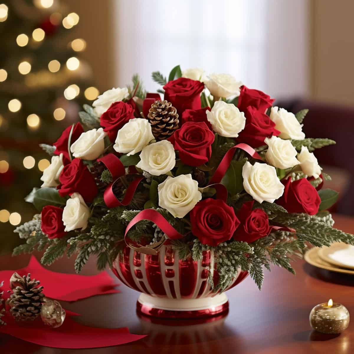 Victorian Christmas with a classic flower arrangement that will become the centerpiece of your holiday decor. Select luxurious red and white roses, symbols of yuletide joy and Victorian grace