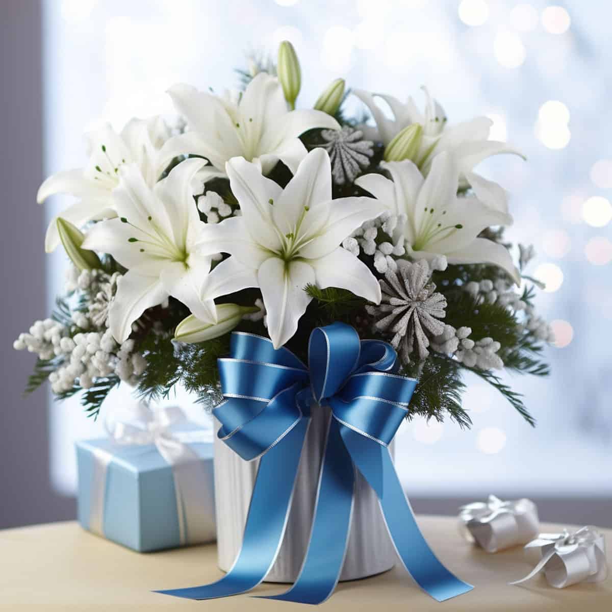 winter wonderland-inspired flower arrangement, choose white lilies and chrysanthemums as your floral anchors, make it festive with christmas background and blue ribbon