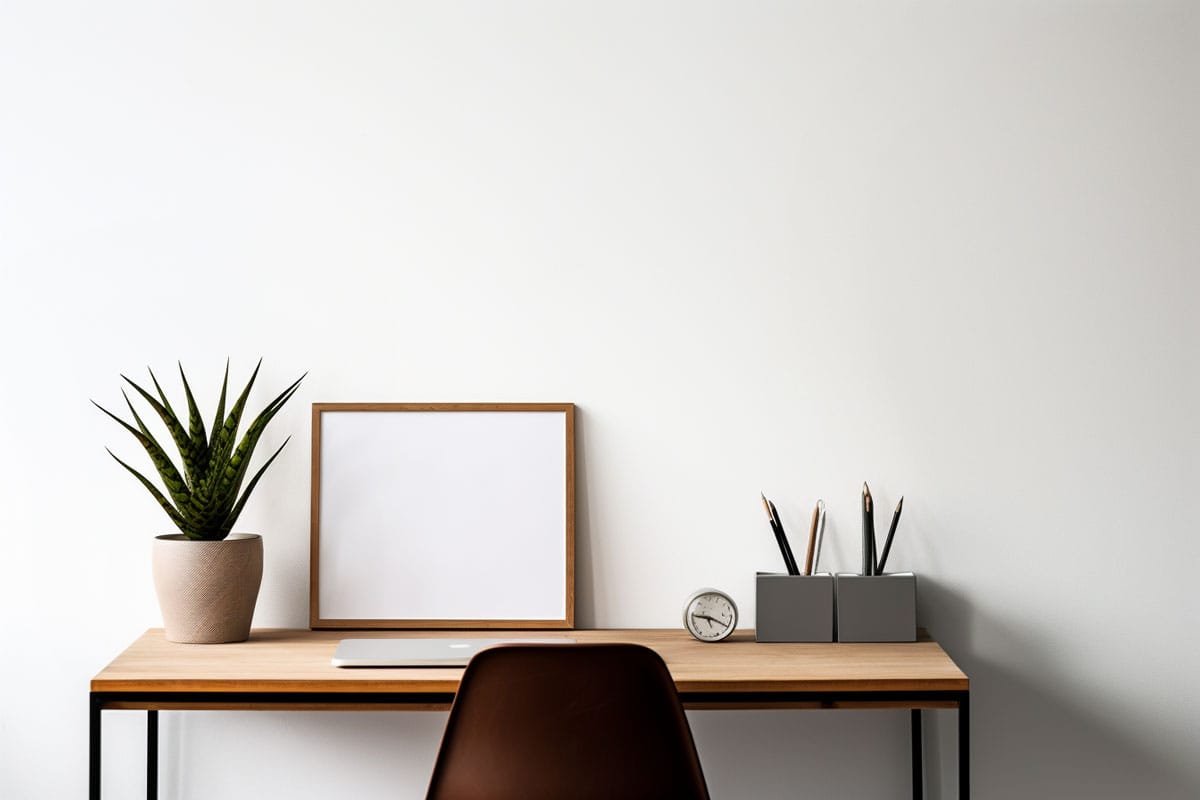 A minimalistic work place with a small snake plant on the desk