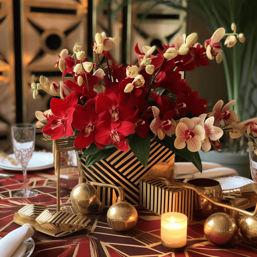 Geometrically arranged lilies and orchids, on a Chritmas table with art deco ornaments and bold, gold geometric shapes.lots of red and gold