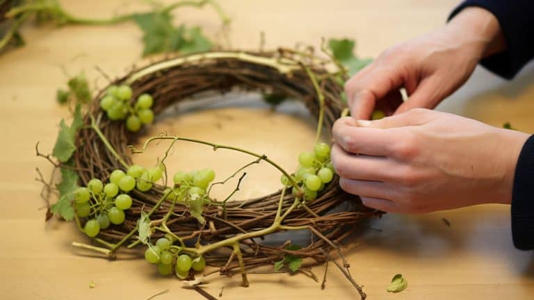 Woman making a small DIY wreath, Natural Wreath Making - 1600x900