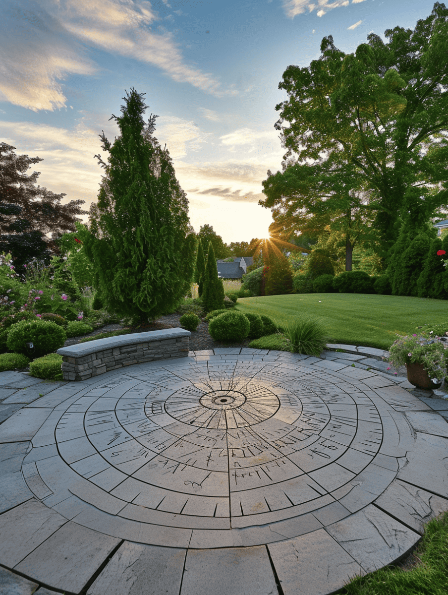 A beautifully landscaped garden at sunset with a circular concrete paving feature resembling a sundial, surrounded by manicured lawns, elegant topiaries, and flowering plants, all under a sky painted with soft sunset hues and a glimpse of the golden sun peering through the trees ar 3:4