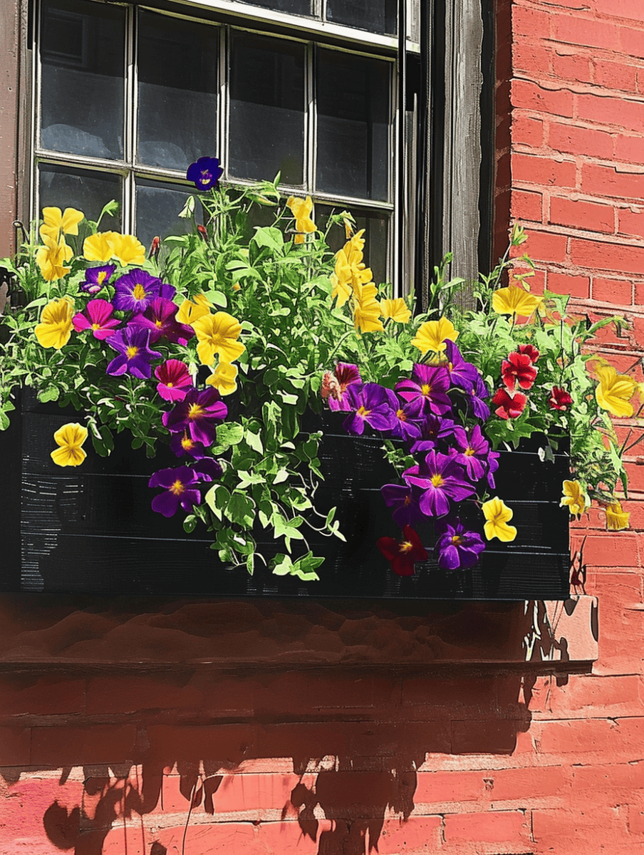 A black window box affixed to a red brick wall beneath a window bursts with a rainbow-like array of flowers in shades of purple, yellow, and red, creating a cheerful and colorful accent in the sunlight ar 3:4