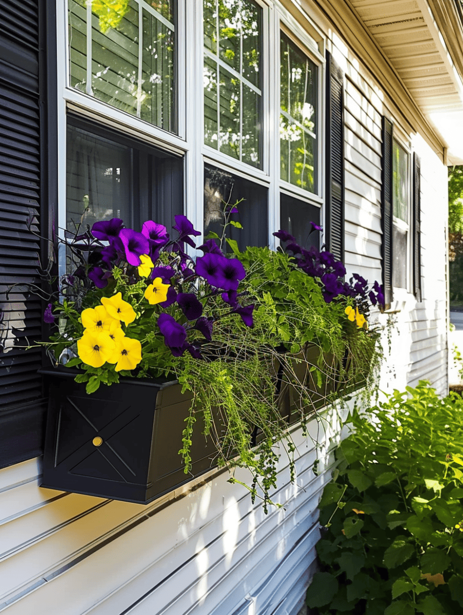 A black window box mounted on a white siding house displays a striking contrast with its vibrant purple and yellow pansies, complemented by trailing greenery, adding a splash of color beneath a series of windows with dark shutters ar 3:4
