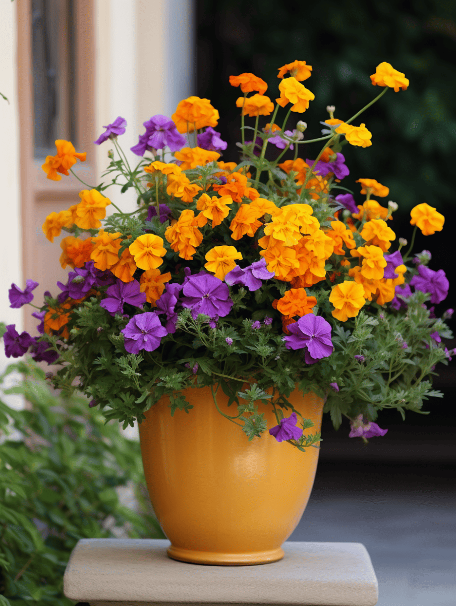 A bright yellow pot overflows with a vibrant display of orange marigolds and purple petunias, creating a striking contrast of colors against a soft background ar 3:4