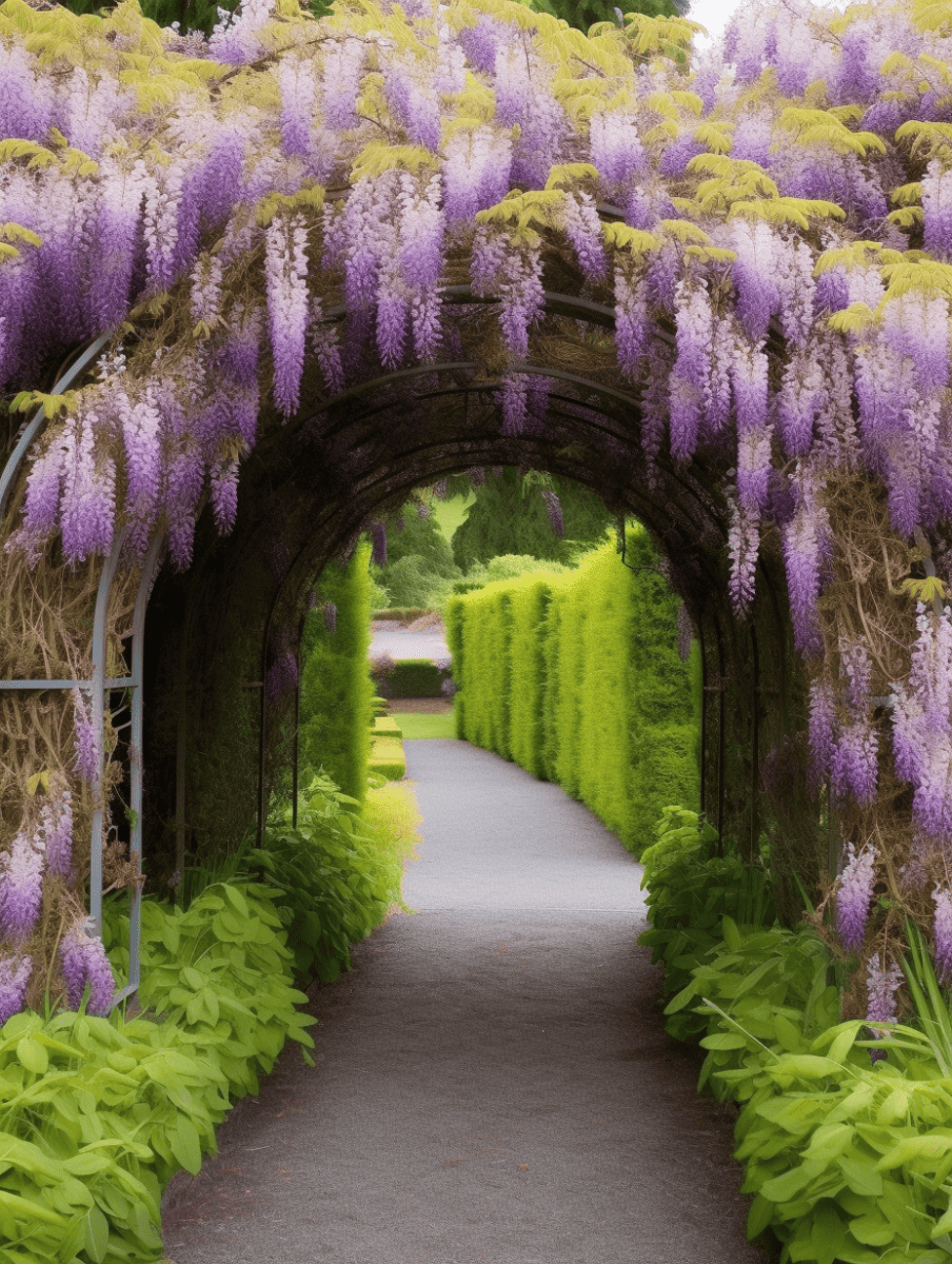 A captivating garden tunnel draped in cascading wisteria with shades of purple and soft yellow, guides a gravel path embraced by vibrant green shrubs, creating an enchanting floral passage ar 3:4