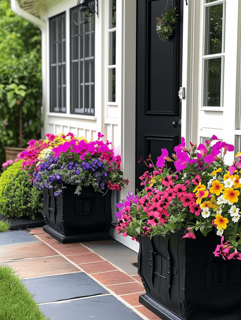 A charming entrance features a black door flanked by windows with black shutters, and an inviting path leads past vibrant flower boxes brimming with purple, pink, and yellow blooms, which add a splash of color to the serene setting ar 3:4
