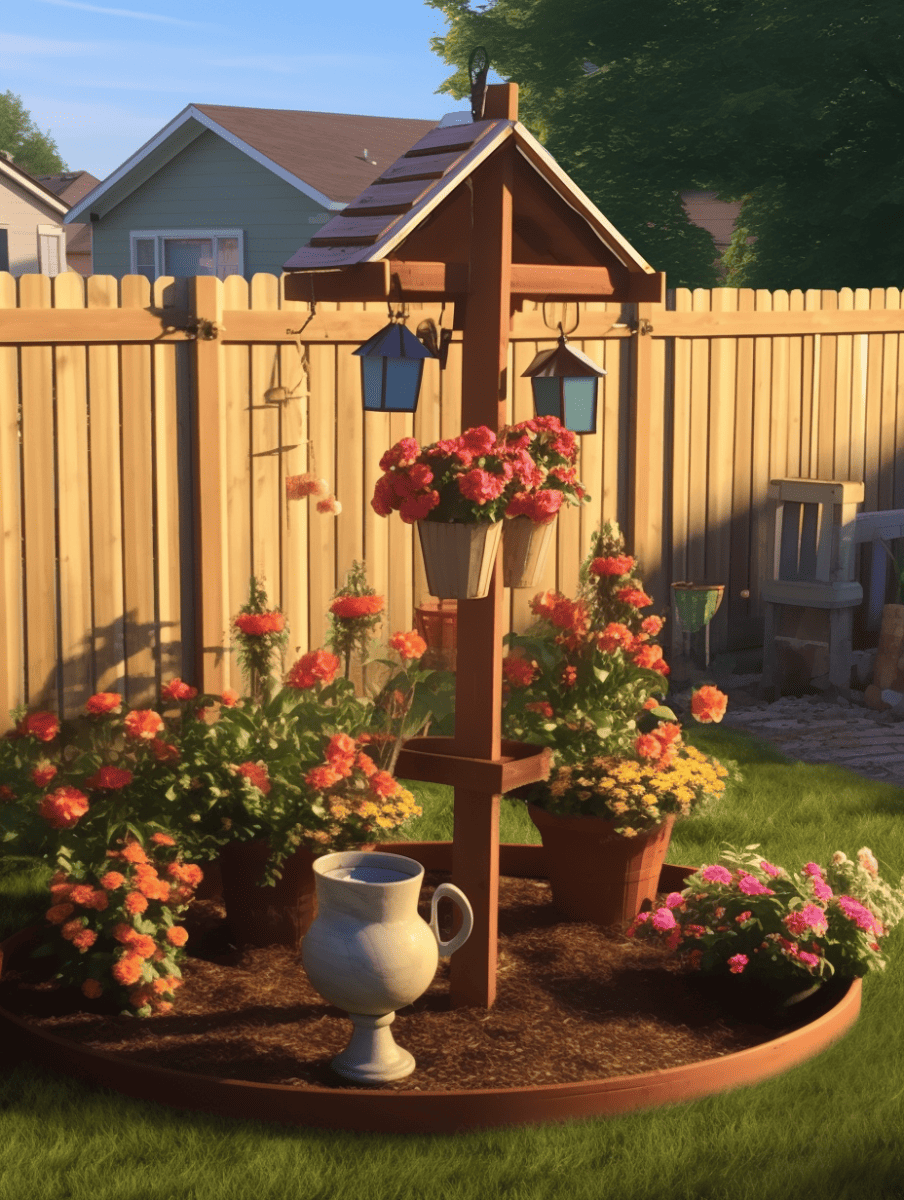 A charming garden corner features a wooden bird feeder structure with hanging blue lanterns and lush flowers in terracotta pots, a white decorative urn, all encircled by mulch and set against a wooden fence with houses in the background, basking in the warm glow of sunset ar 3:4