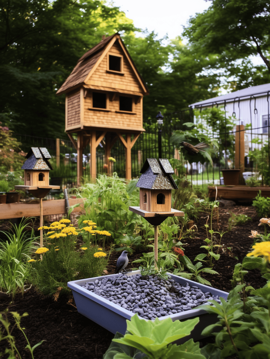 A charming garden scene with a whimsical multi-story birdhouse on stilts, smaller birdhouses on posts, a variety of blooming plants and shrubs, and a bird perched atop a feeder, all set against a backdrop of mature trees and a metal fence ar 3:4