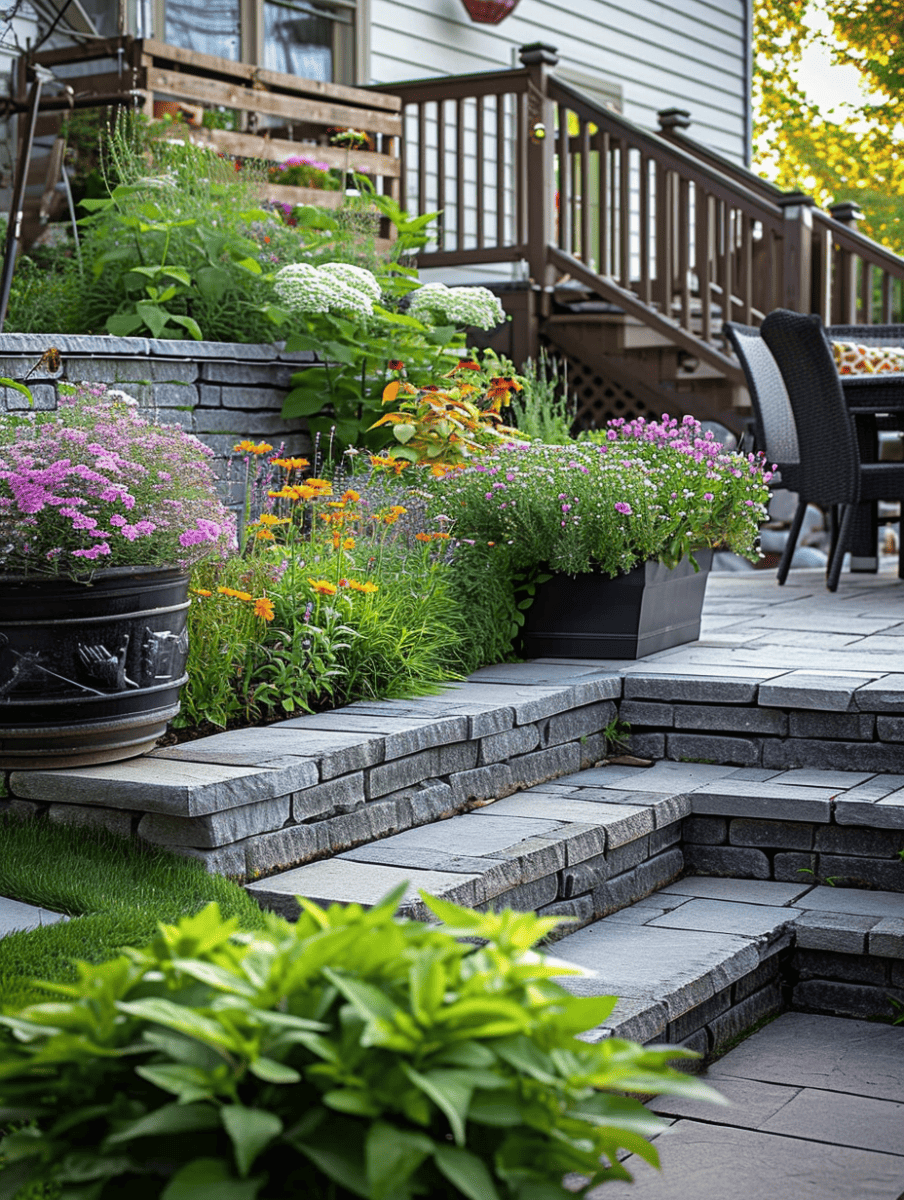 A charming outdoor patio area with tiered stone edging showcasing a variety of flowering shrubs and plants in vibrant colors, leading up to a wooden deck with outdoor furniture ar 3:4