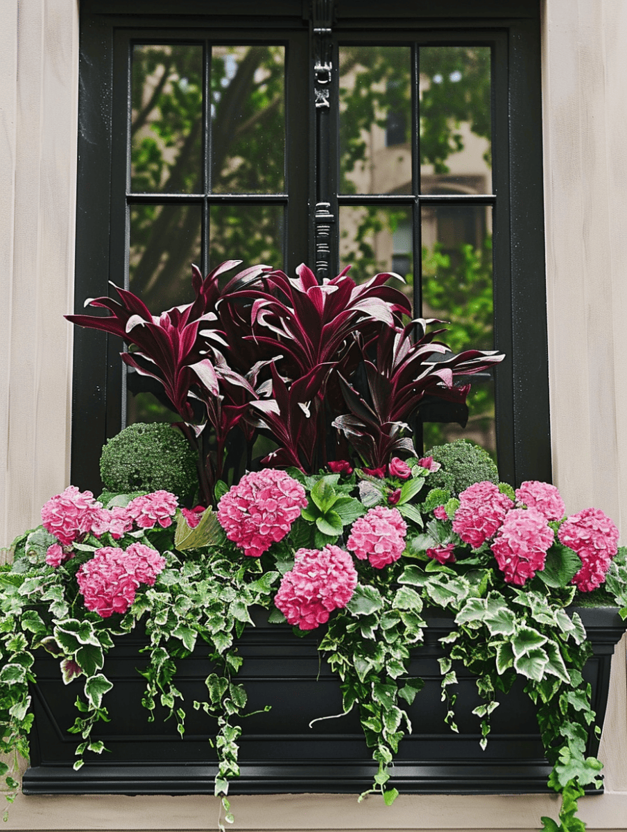 A classic black window box on a beige wall showcases an arrangement of deep pink hydrangeas and variegated ivy, with striking burgundy and green foliage, against the backdrop of a multi-paned window reflecting trees ar 3:4