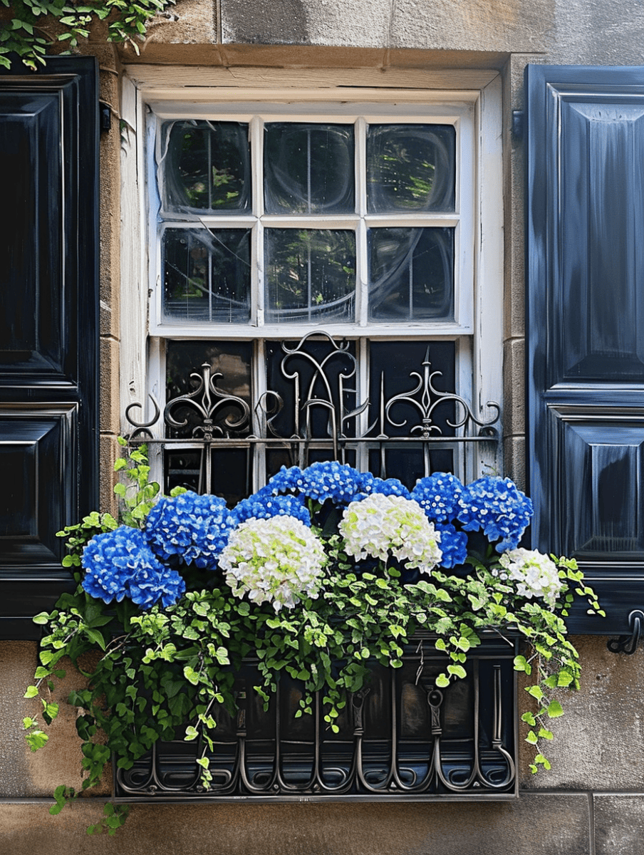 A classic window with white trim and ornate iron grill is elegantly framed by dark shutters, while a bountiful window box below bursts with lush blue and white hydrangeas interspersed with trailing green vines ar 3:4