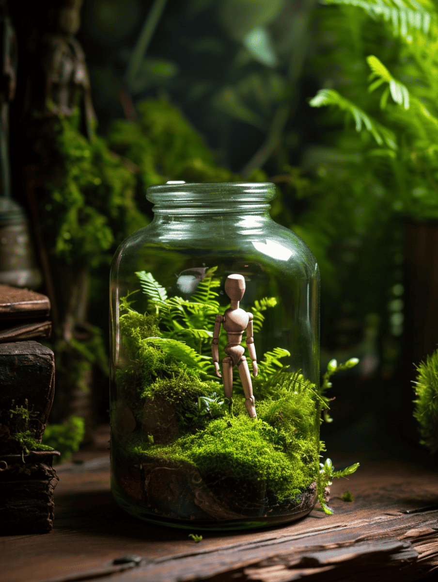 A clear glass jar encases a thriving miniature moss garden, featuring a small wooden human figure standing amidst the lush greenery, creating a serene terrarium scene ar 3:4
