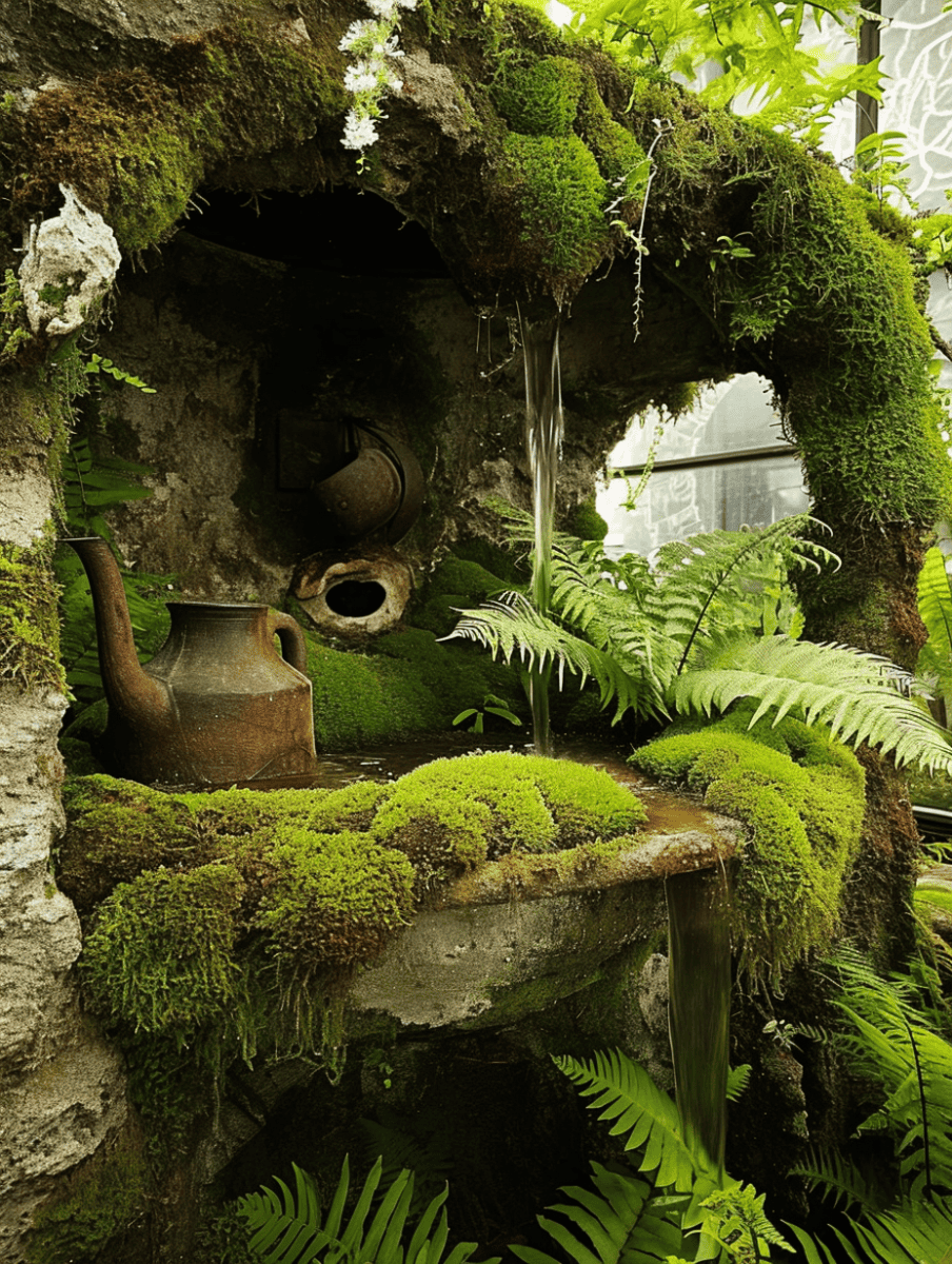 A close-up view of a mini outdoor garden featuring a whimsical arrangement of moss-covered stones and rustic water cans, with water gently cascading into a small pool, surrounded by lush ferns ar 3:4