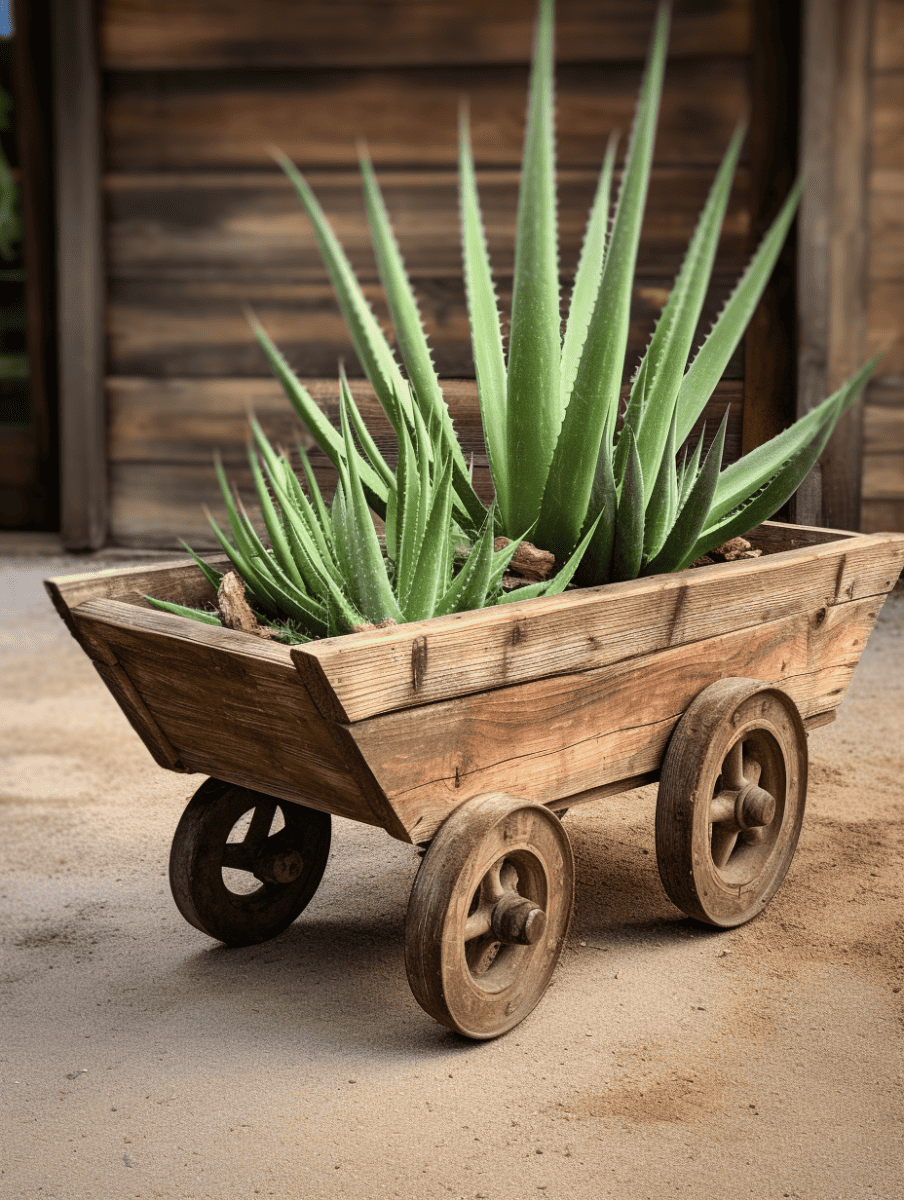 A cluster of aloe vera plants with thick, fleshy, pointed leaves, arranged within a rustic, wooden cart with round, old-fashioned wheels, set against a textured sandy floor and a dark wood-panelled background ar 3:4