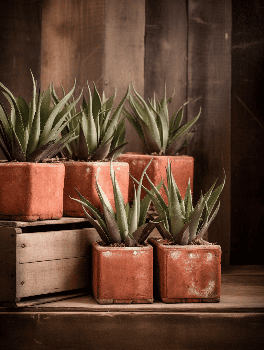 A collection of aloe plants with thick, pointed leaves are arranged in aged terracotta pots, staged on a wooden shelf against a dark plank wooden box, casting a warm, earthy atmosphere ar 3:4