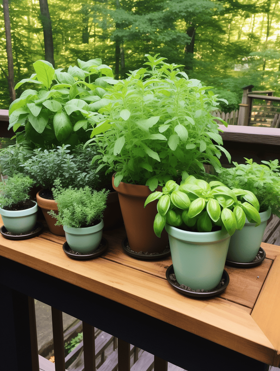 A collection of potted herbs with lush green foliage, including basil and mint, arranged on a wooden railing against a serene backdrop of a dense, sunlit forest ar 3:4