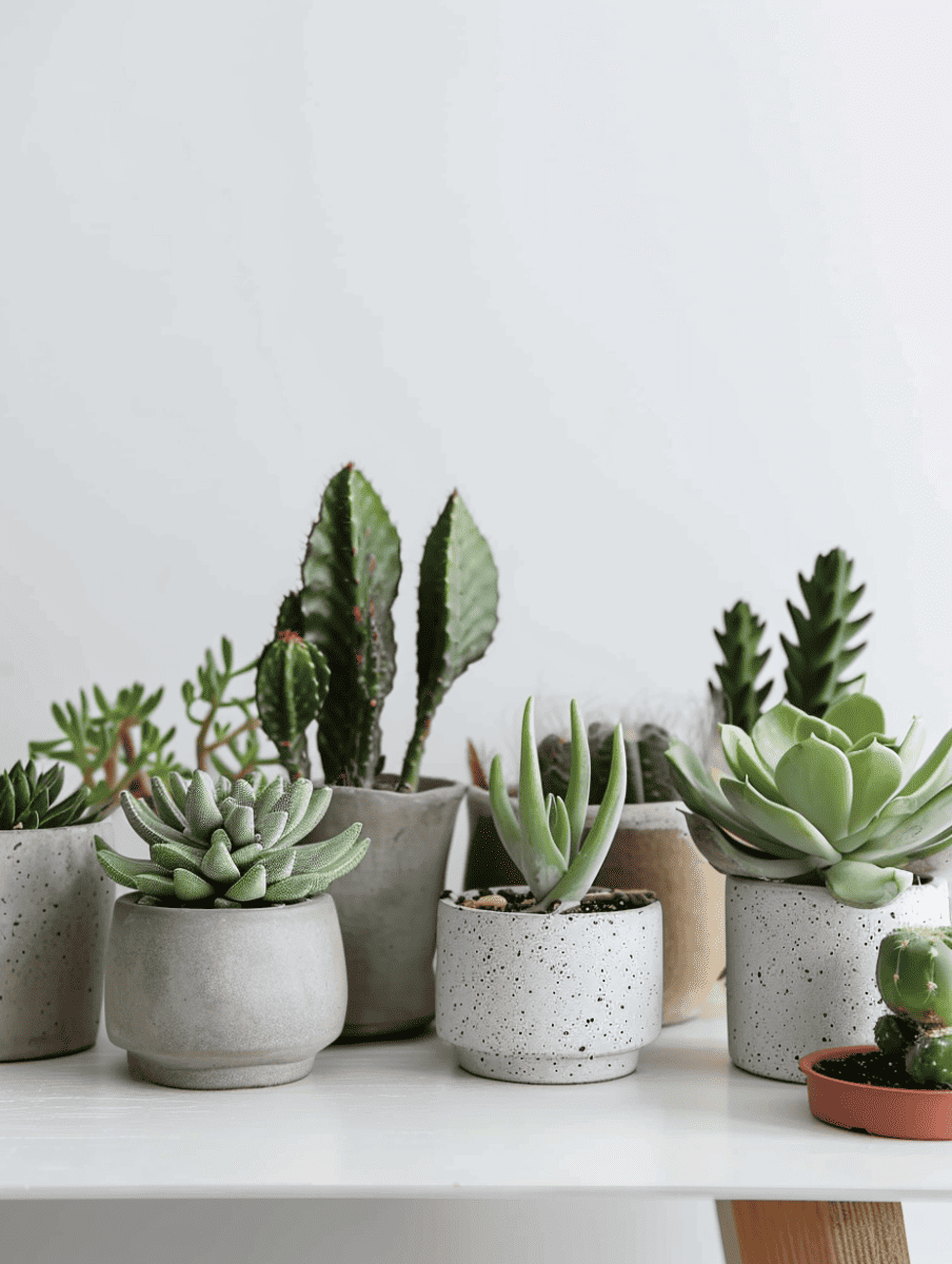 A collection of succulents in coordinating concrete planters, varying in texture and size, arranged neatly on a white surface against a pale background ar 3:4