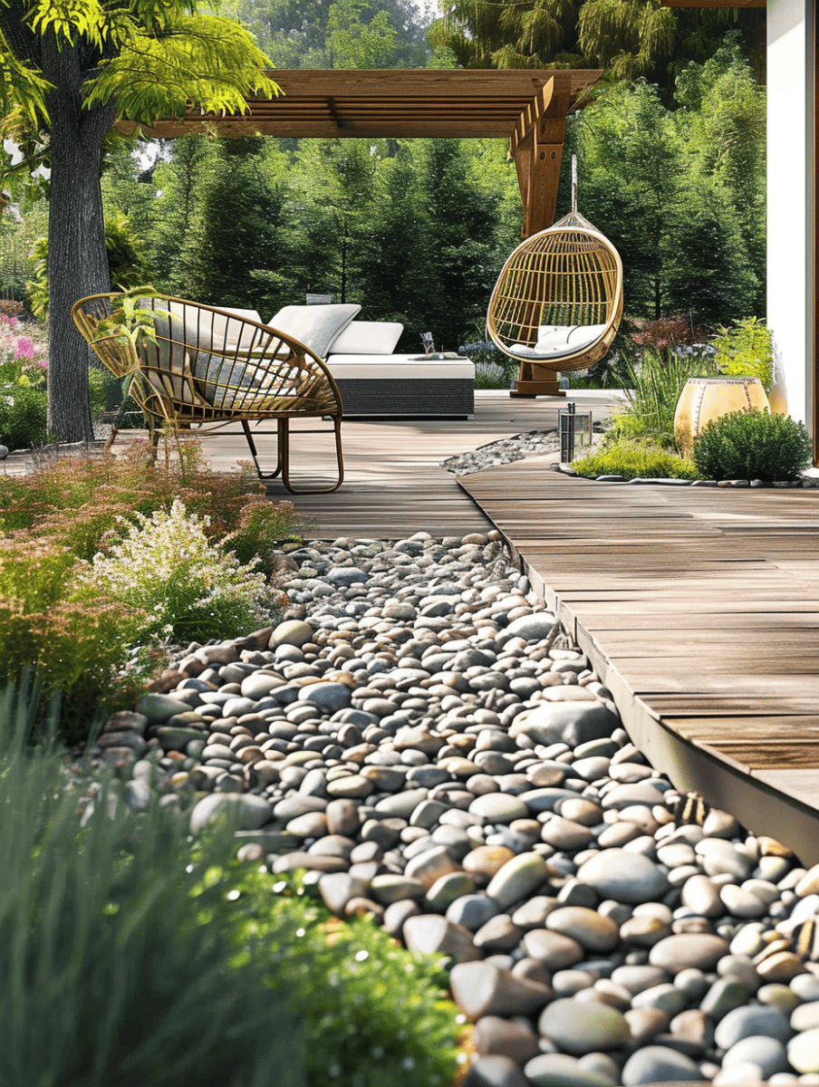 A contemporary garden pathway edged with smooth river stones leading to a modern outdoor seating area with a hanging egg chair and a wooden arbor, all set against a backdrop of vibrant greenery ar 3:4