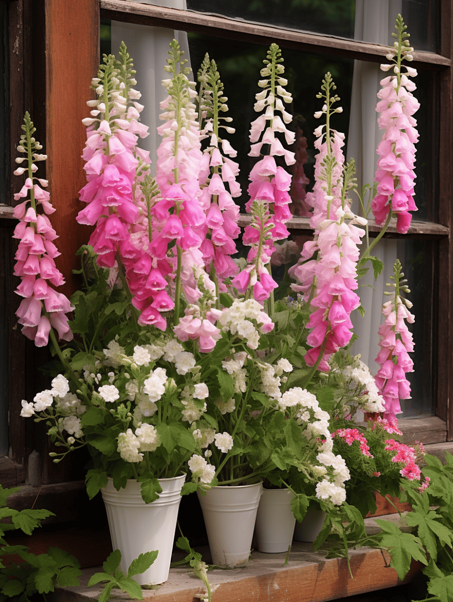 A cottage garden, featuring tall, stately foxgloves in shades of pink and white, along with clusters of white pelargoniums and smaller pink flowers, all arranged in classic pots against the backdrop of a quaint wooden window, evoking a charming and traditional pastoral setting ar 3:4