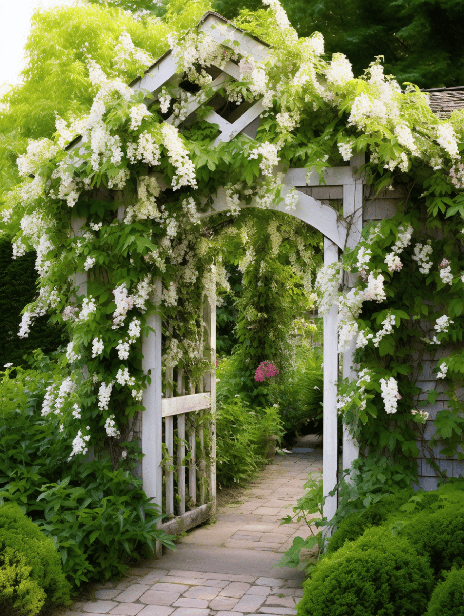 A cottage-style garden entrance is graced by a white wooden arbor, overflowing with delicate white blossoms and verdant foliage, leading down a stone pathway embraced by an array of lush green plants and pops of floral color ar 3:4
