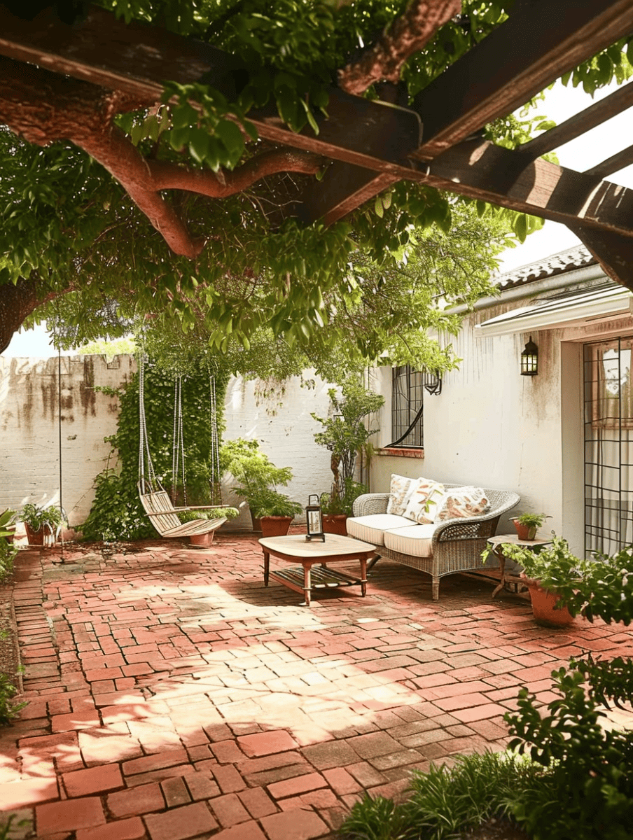 A cozy backyard patio area with red brick paving, shaded by a lush overhead trellis, furnished with a hanging swing chair and a wicker sofa with cushions, surrounded by potted plants, offering a tranquil outdoor retreat ar 3:4