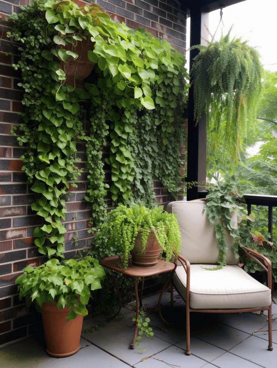 A cozy balcony corner showcasing a simple garden idea with lush greenery; various potted plants cascade over the edges of their containers, draping alongside a brick wall, complemented by a single cushioned chair with a metal frame and a small matching side table ar 3:4