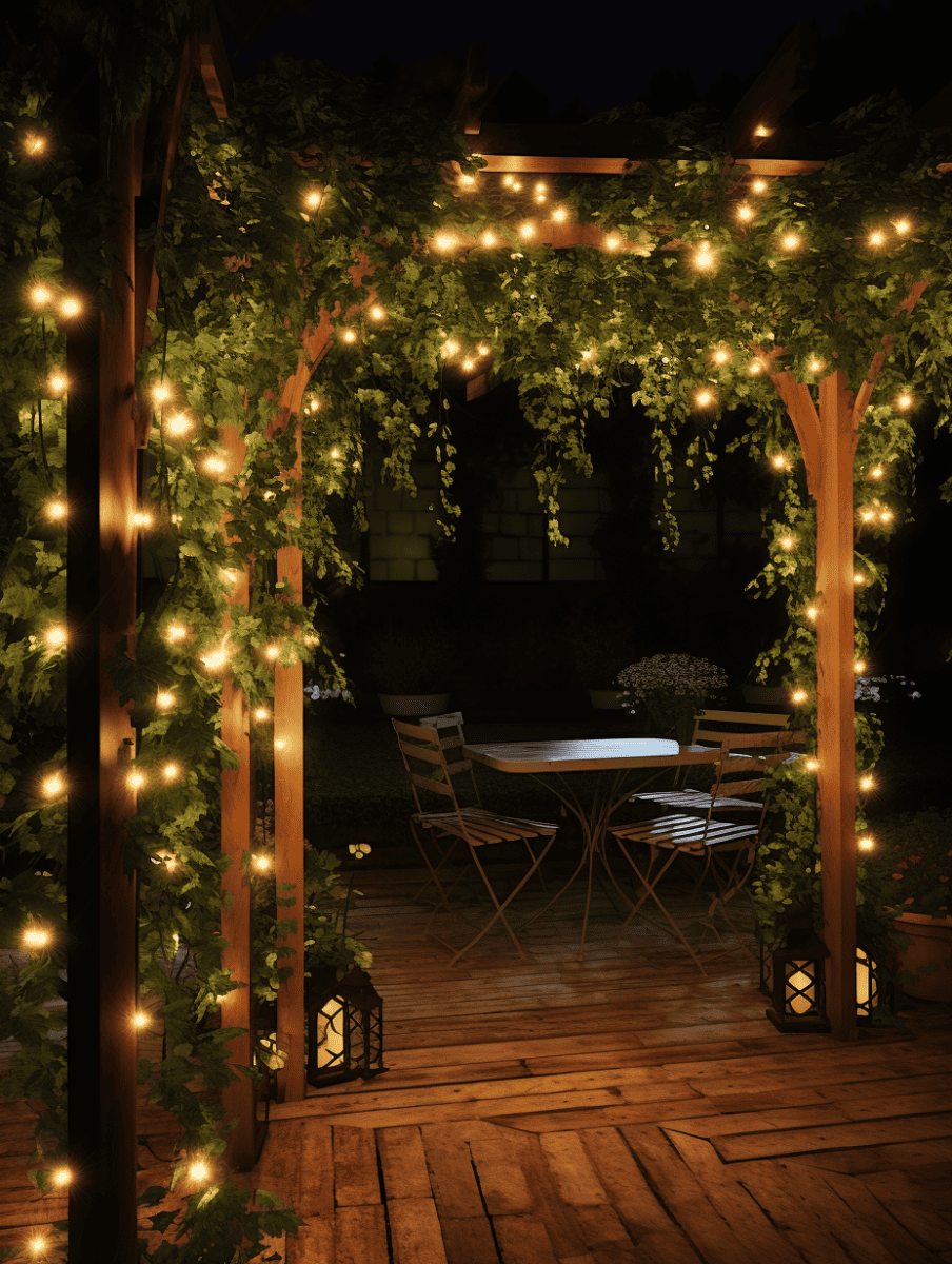 A cozy evening garden scene with a wooden garden entrance adorned with twinkling string lights and climbing green vines, overlooking a patio set on a wooden deck, flanked by lanterns, creating an inviting and warm atmosphere ar 3:4