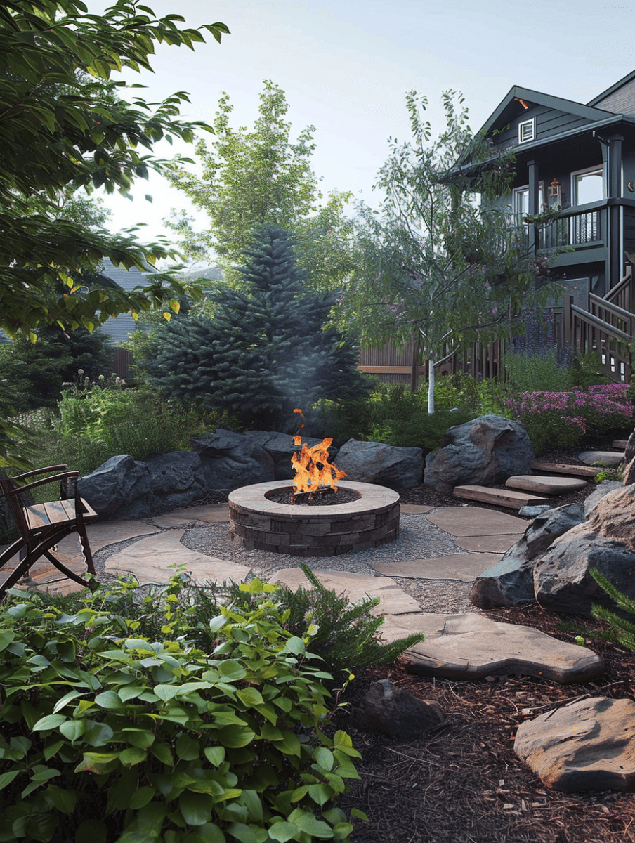 A cozy garden fire pit area with natural stone edging and a circular central fire pit, flanked by lush plantings and a rustic metal chair, nestled in a tranquil backyard setting near a house with a balcony ar 3:4